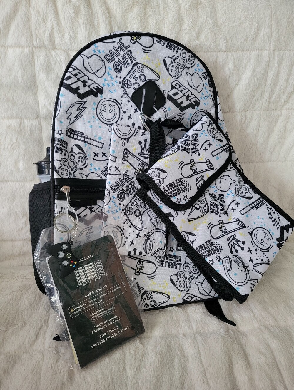 Extreme Nation 7 PC Set Kids Game Print Backpack with Matching Pouch White/Black